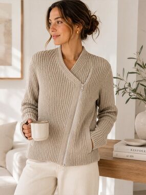 Athleta Oatmeal Ribbed Moto Sweater Jacket Asymmetrical Zip Medium